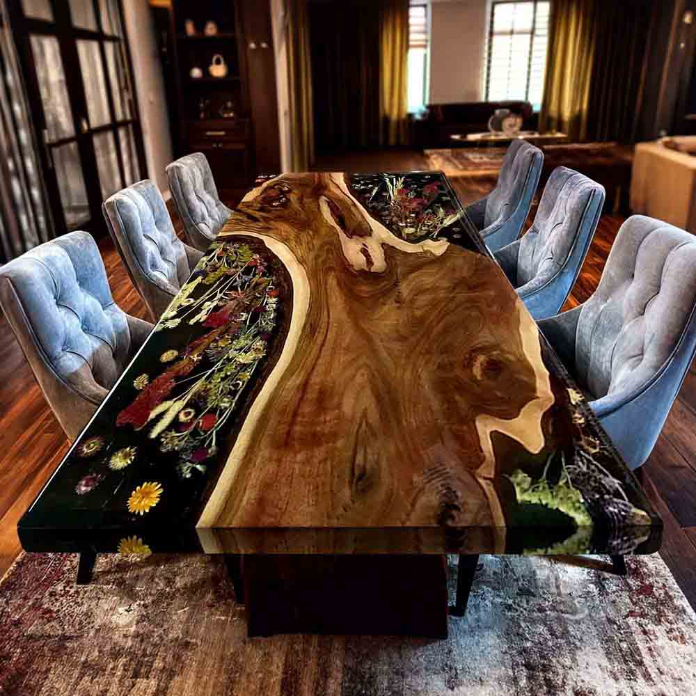 Elite Black Walnut Wood & Dried Flower/Hay Resin Rectangular Dining Table ECT - 192 - Elitecustomtable