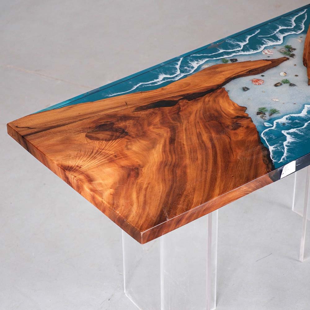 Elite Blue Resin Wave - Inlaid Walnut Wood Dining Table with Seashells ECT - 15 - Elitecustomtable