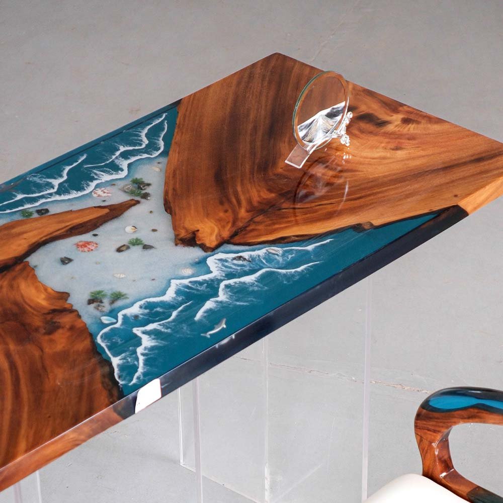 Elite Blue Resin Wave - Inlaid Walnut Wood Dining Table with Seashells ECT - 15 - Elitecustomtable