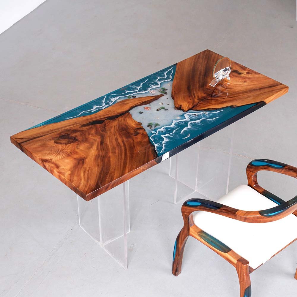 Elite Blue Resin Wave - Inlaid Walnut Wood Dining Table with Seashells ECT - 15 - Elitecustomtable