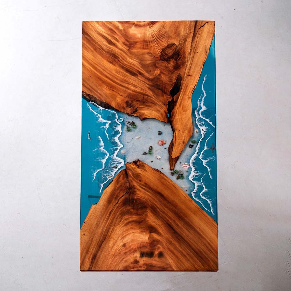 Elite Blue Resin Wave - Inlaid Walnut Wood Dining Table with Seashells ECT - 15 - Elitecustomtable