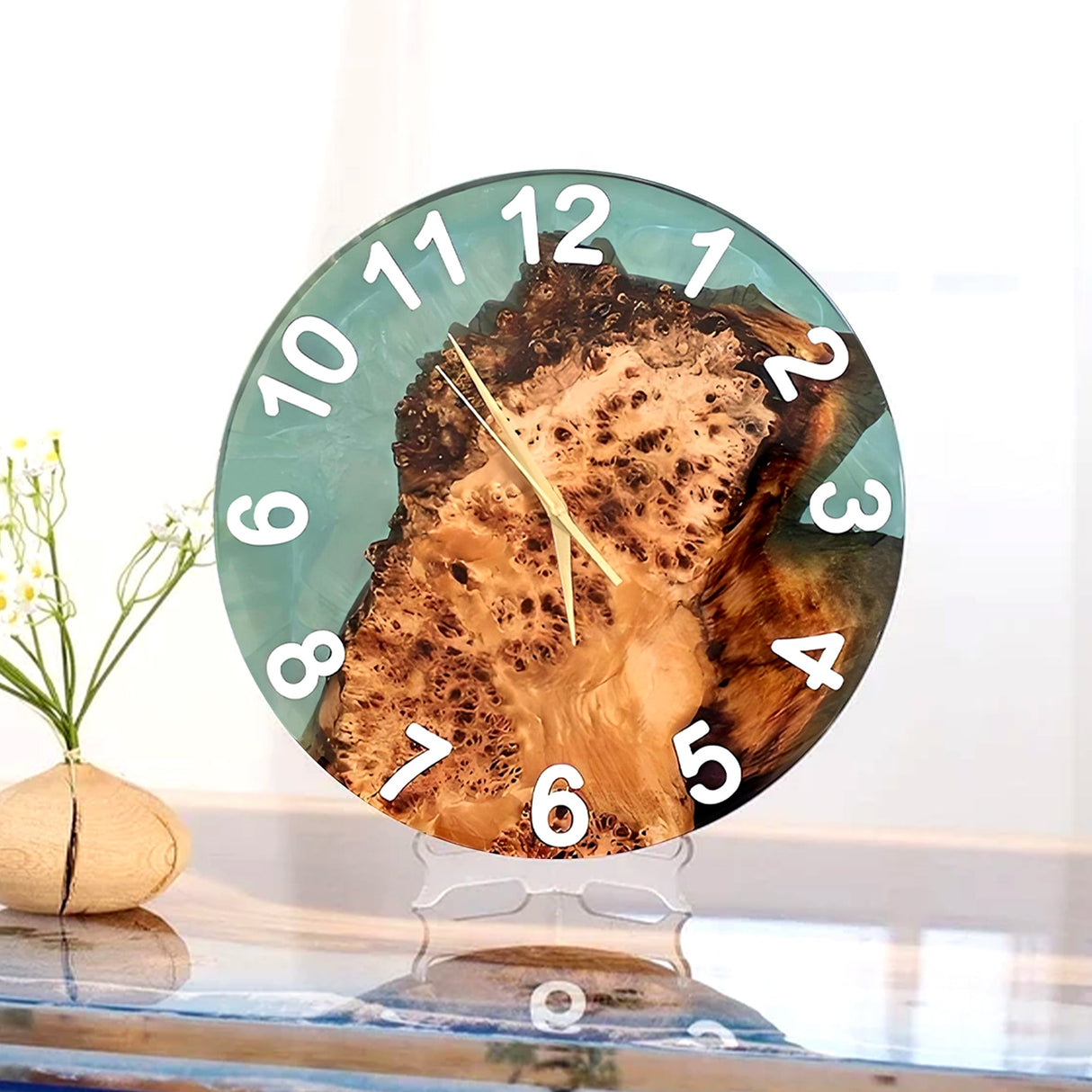 Elite Burl Wood Teal Epoxy Resin Wall Clock EWC - 01 - 16'' - Elitecustomtable