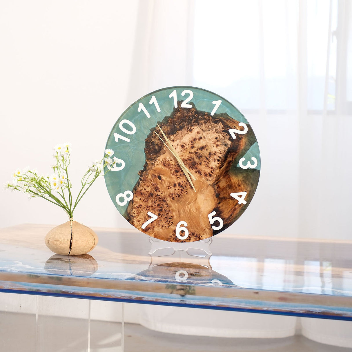 Elite Burl Wood Teal Epoxy Resin Wall Clock EWC - 01 - 16'' - Elitecustomtable