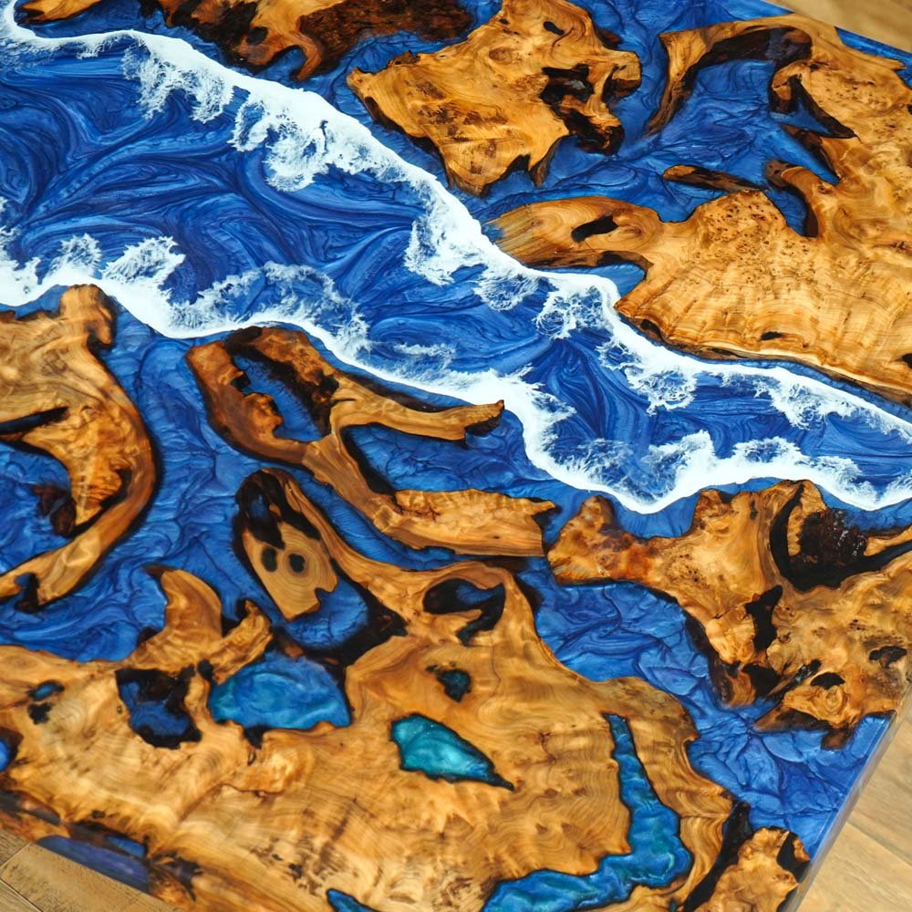 Elite Cunninghamia Wood with Blue & White Waves Epoxy Resin River Table ECT - 186 - Elitecustomtable