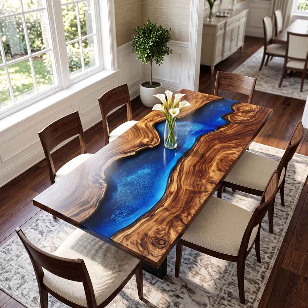 Elite Custom Black Walnut Blue Resin River Table ECT-120 - Elitecustomtable