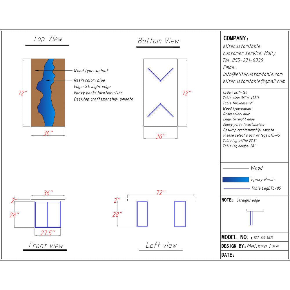 Elite Custom Black Walnut Blue Resin River Table ECT - 120 - Elitecustomtable
