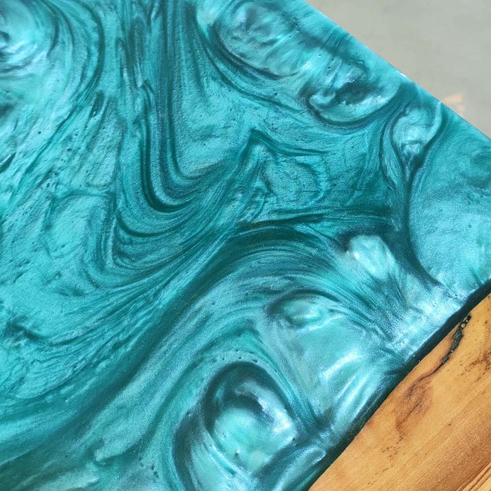 Elite Custom Live Edge Olive Wood Table with Blue - Green Resin ECT - 104 - Elitecustomtable
