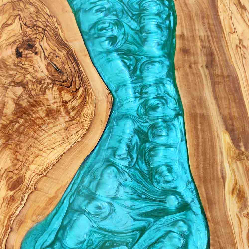 Elite Custom Live Edge Olive Wood Table with Blue - Green Resin ECT - 104 - Elitecustomtable