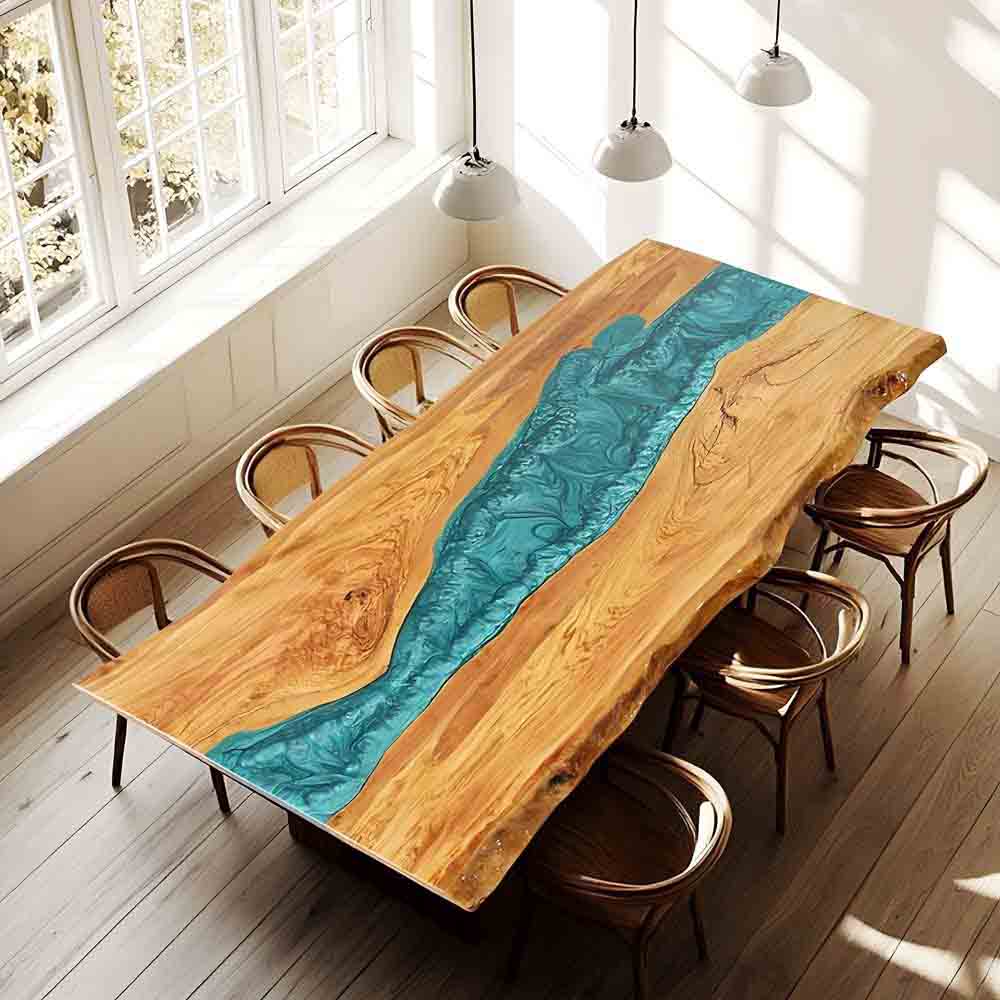 Elite Custom Live Edge Olive Wood Table with Blue - Green Resin ECT - 104 - Elitecustomtable