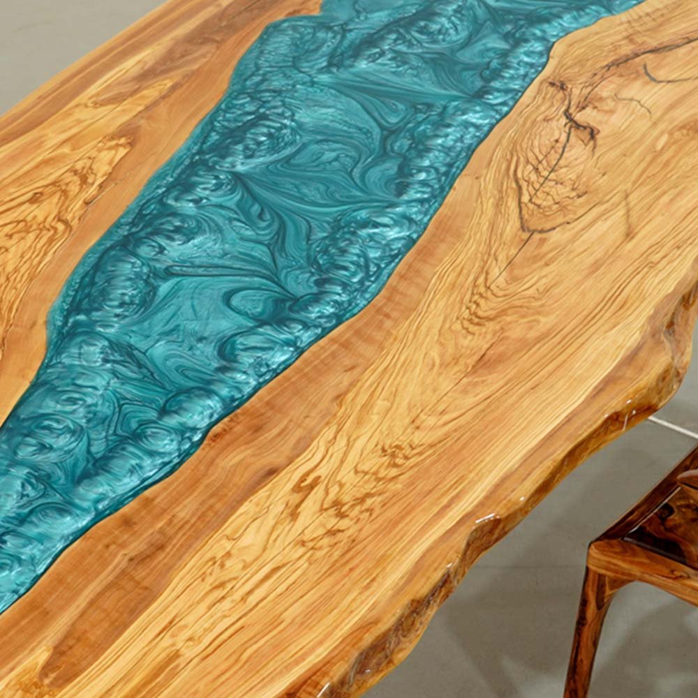 Elite Custom Live Edge Olive Wood Table with Blue - Green Resin ECT - 104 - Elitecustomtable