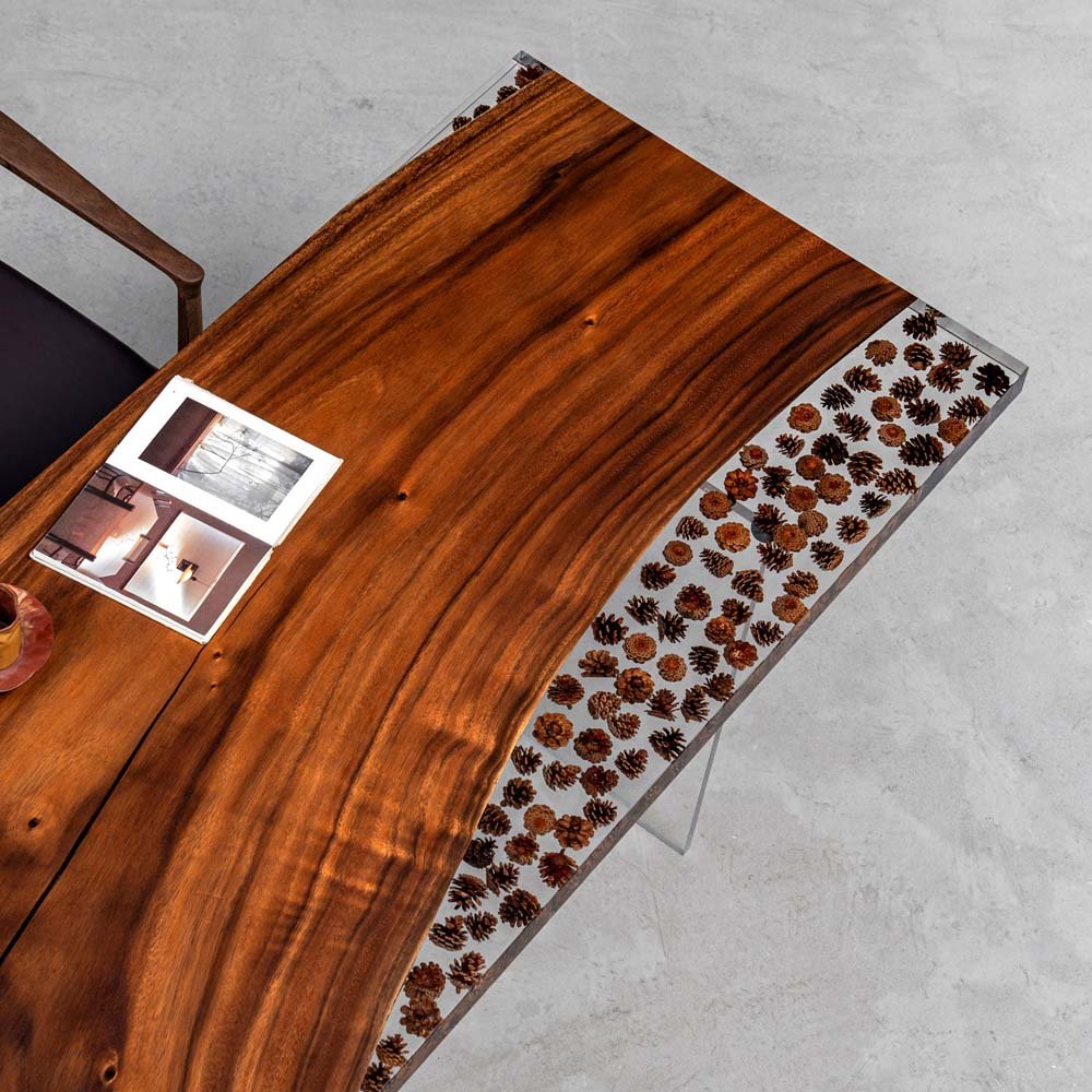 Elite Custom Organic Walnut & Pinecone - Filled Epoxy Dining Table ECT - 37 - Elitecustomtable