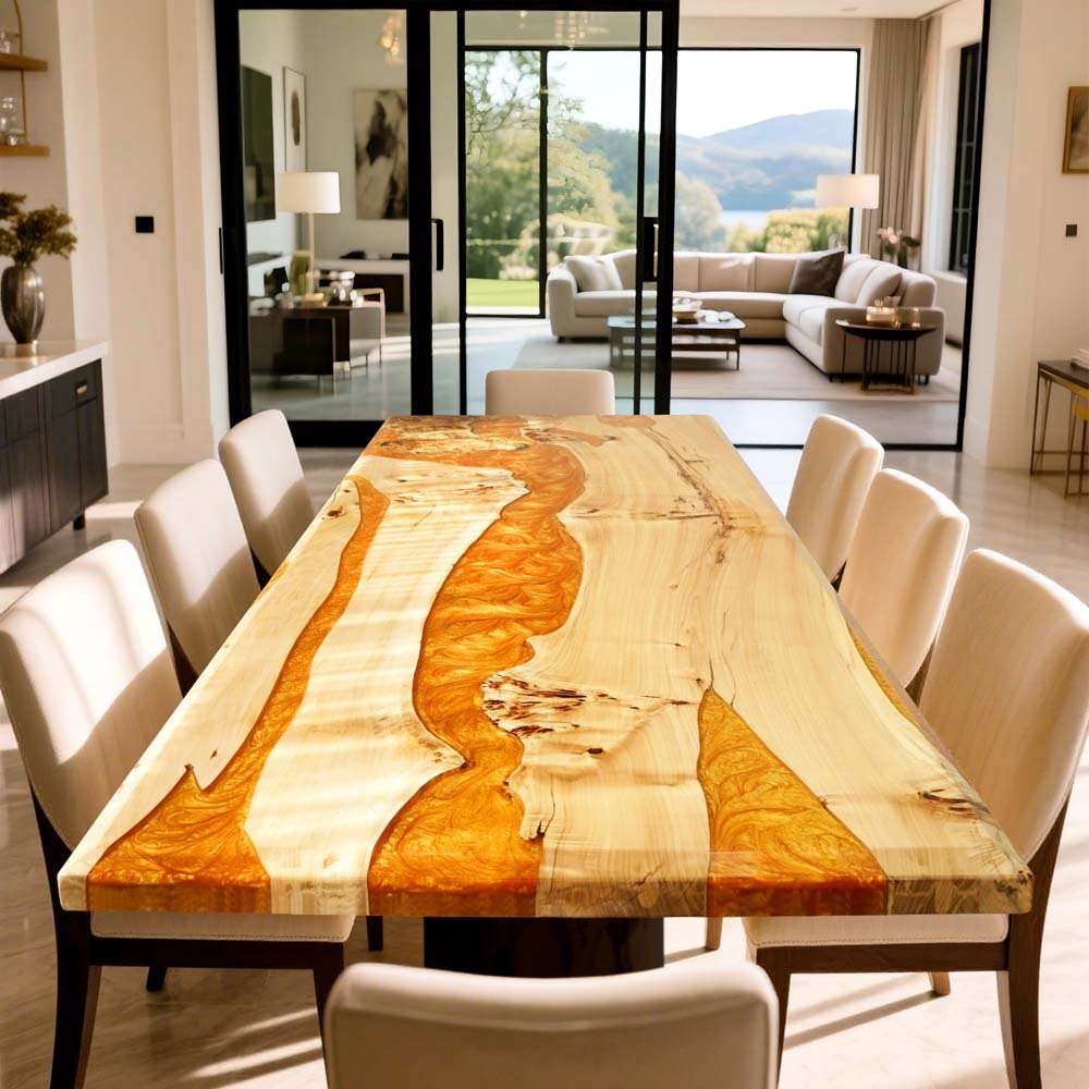 Elite Custom Poplar Wood with Amber Gilt Epoxy Resin Dining Table ECT - 78 - Elitecustomtable