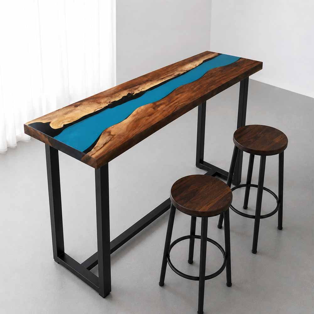 Elite Custom Rustic Walnut Counter and Bar Table with Blue Resin Stream ECT-36 - Elitecustomtable