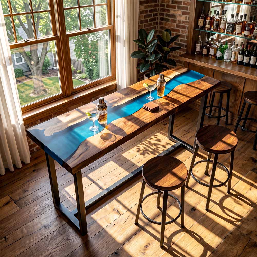 Elite Custom Rustic Walnut Counter and Bar Table with Blue Resin Stream ECT-36 - Elitecustomtable