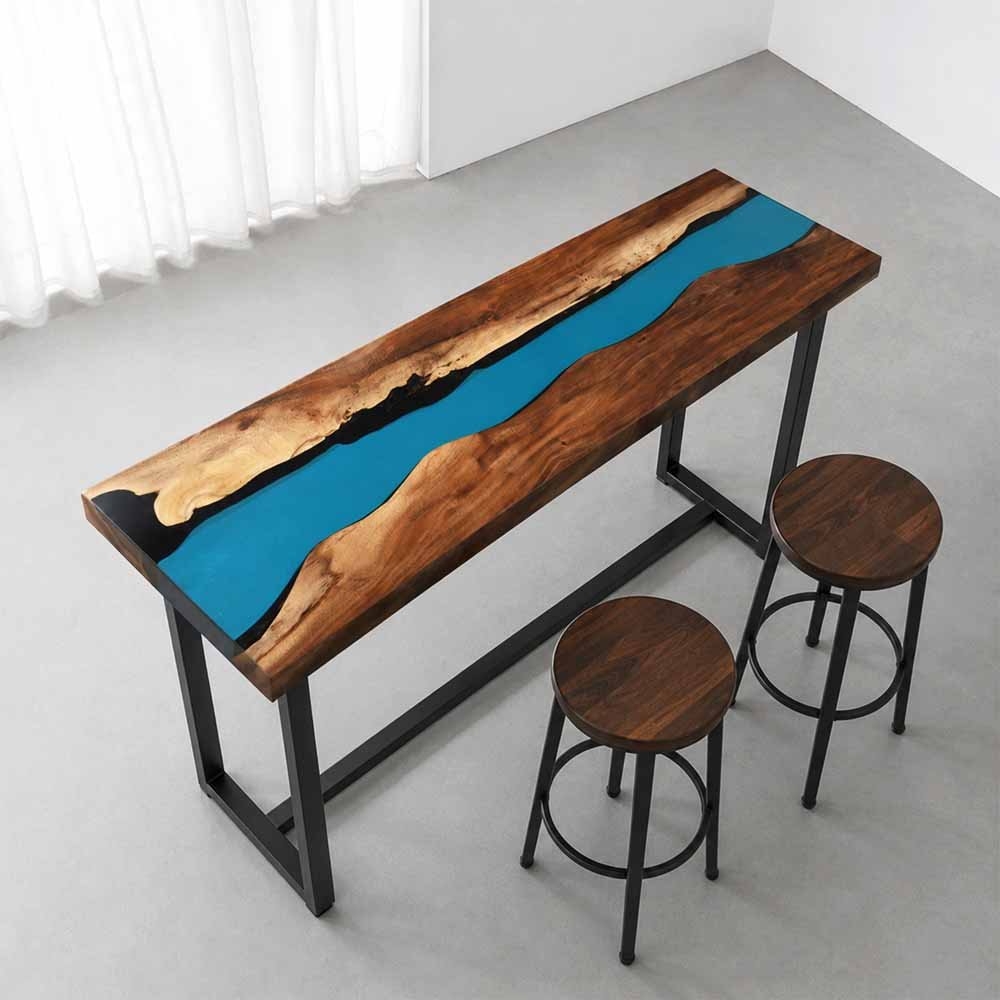Elite Custom Rustic Walnut Counter and Bar Table with Blue Resin Stream ECT-36 - Elitecustomtable