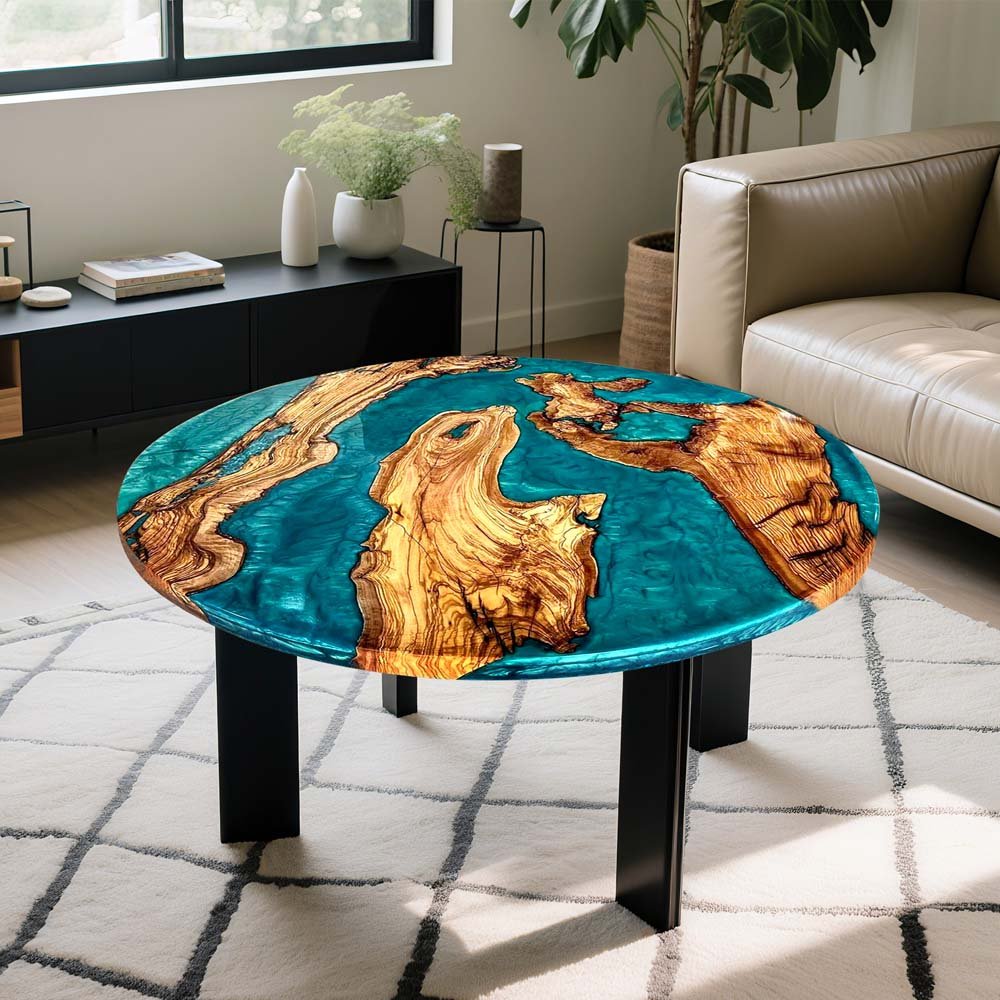 Elite Custom Turquoise - Blue Epoxy Inlaid Olive Wood Round Coffee Table ECT - 16 - Elitecustomtable