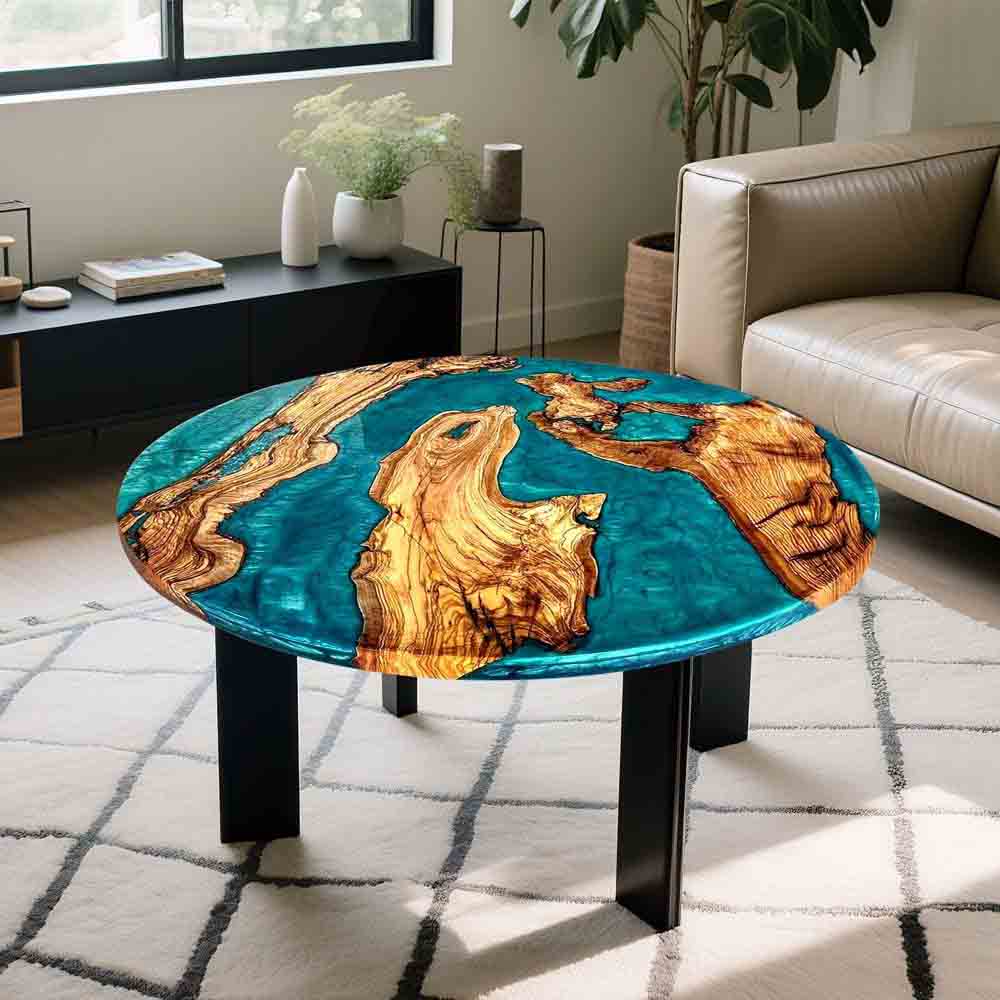 Elite Custom Turquoise - Blue Epoxy Inlaid Olive Wood Round Coffee Table ECT - 16 - Elitecustomtable
