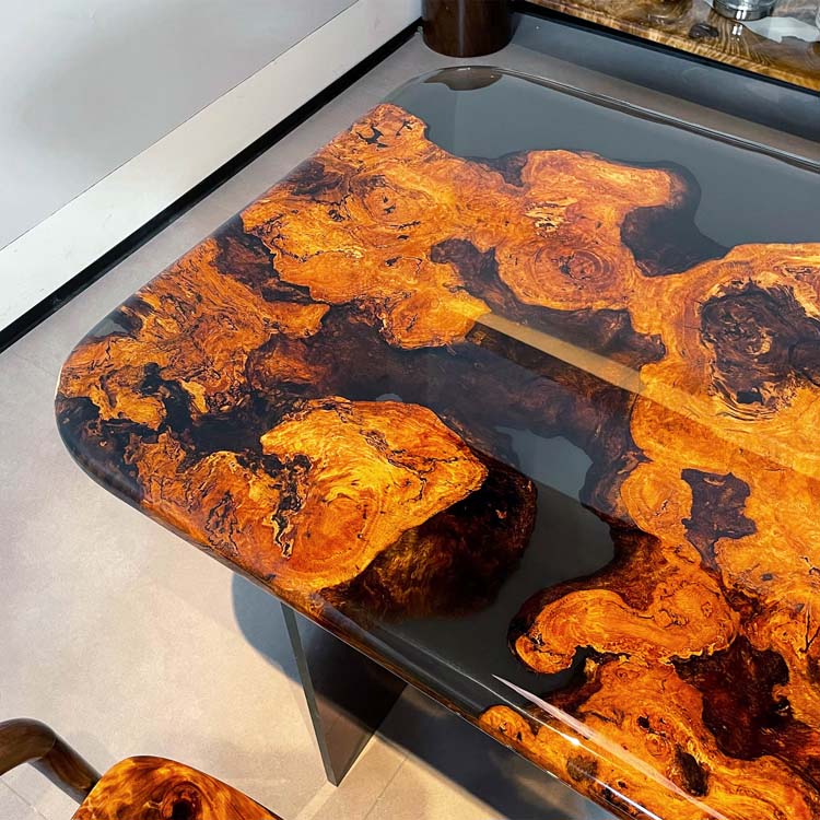 Elite Dining Table with Black Transparent Resin and Golden Camphor Inlay ECT - 223 - Elitecustomtable