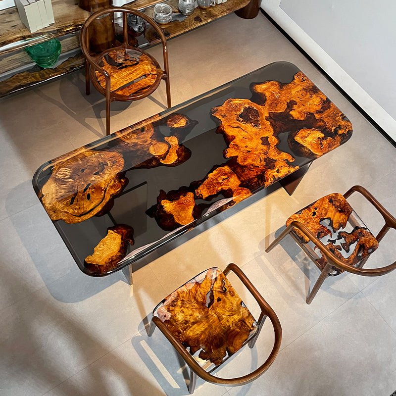 Elite Dining Table with Black Transparent Resin and Golden Camphor Inlay ECT - 223 - Elitecustomtable