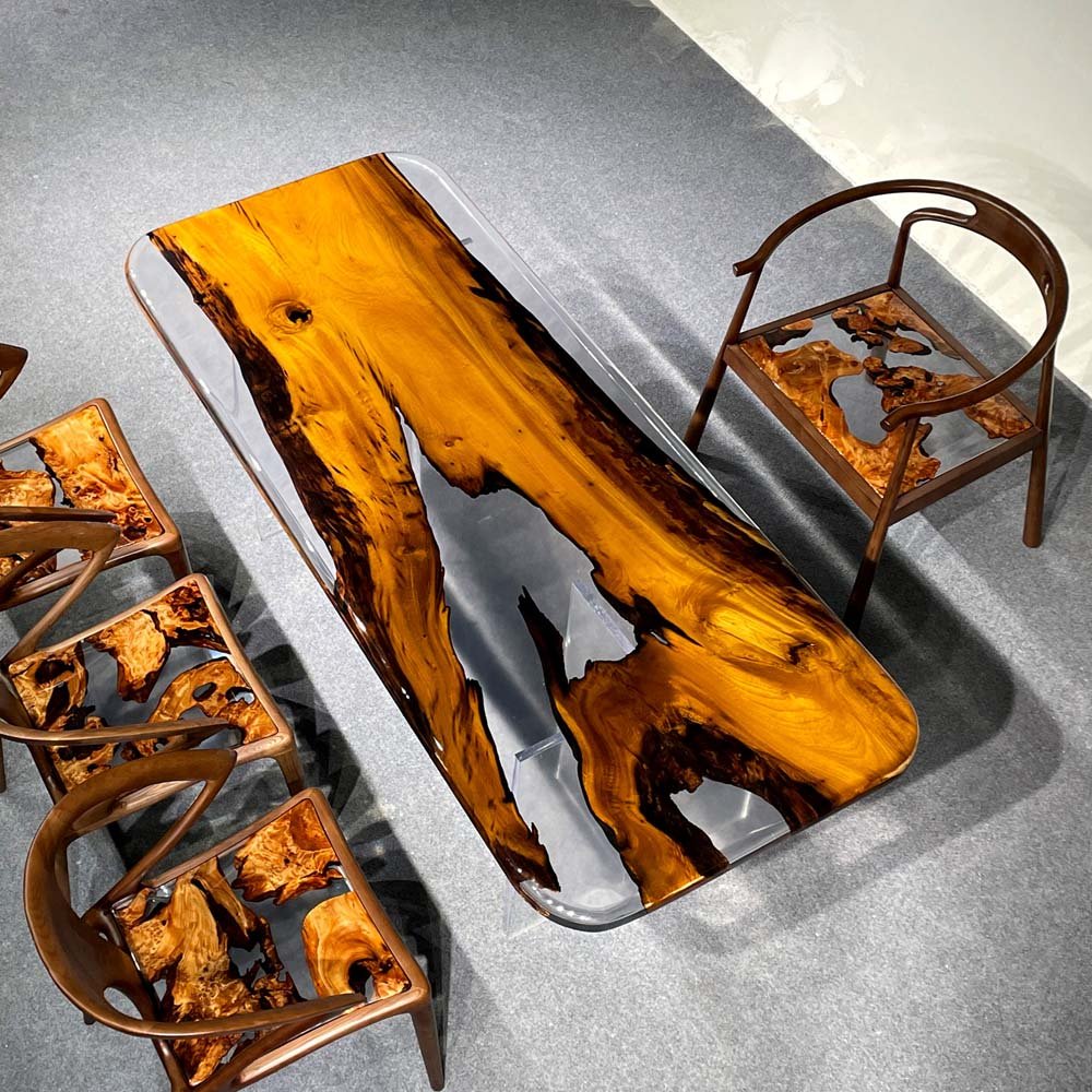 Elite Golden Camphor Wood & Transparent Epoxy Resin Dining Table ECT - 143 - Elitecustomtable