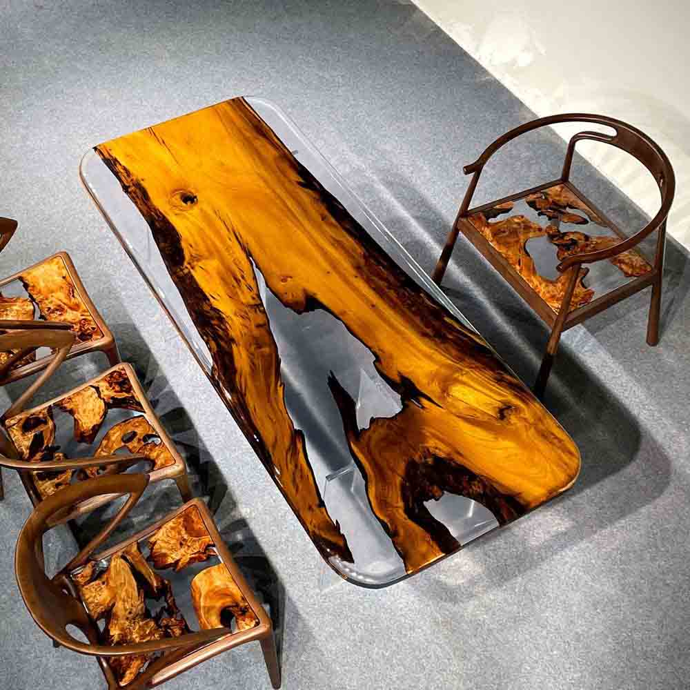 Elite Golden Camphor Wood & Transparent Epoxy Resin Dining Table ECT - 143 - Elitecustomtable