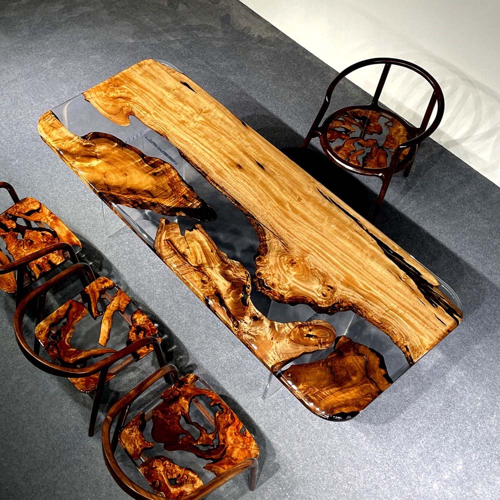 Elite Golden Camphor Wood & Transparent Epoxy Resin Dining Table ECT - 147 - Elitecustomtable