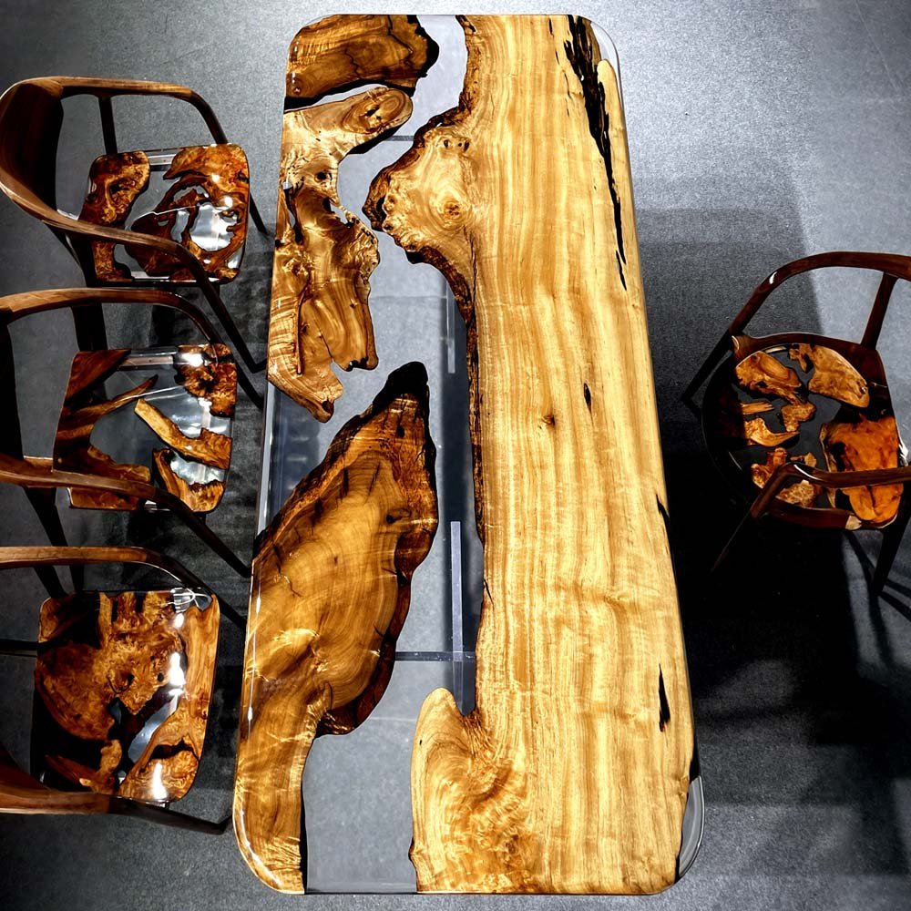 Elite Golden Camphor Wood & Transparent Epoxy Resin Dining Table ECT - 147 - Elitecustomtable