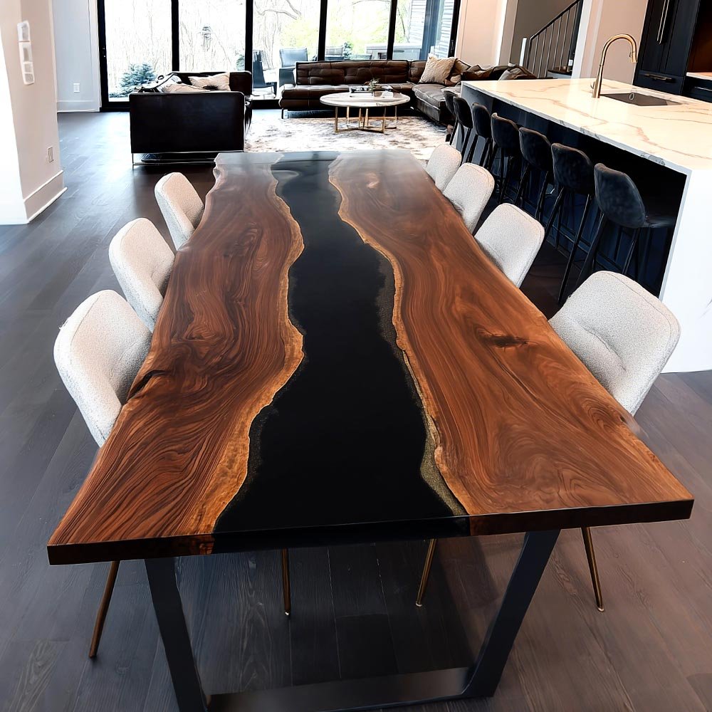 Elite Live - Edge Black Walnut Dining Table with Bold Black Resin Inlay ECT - 240 - Elitecustomtable