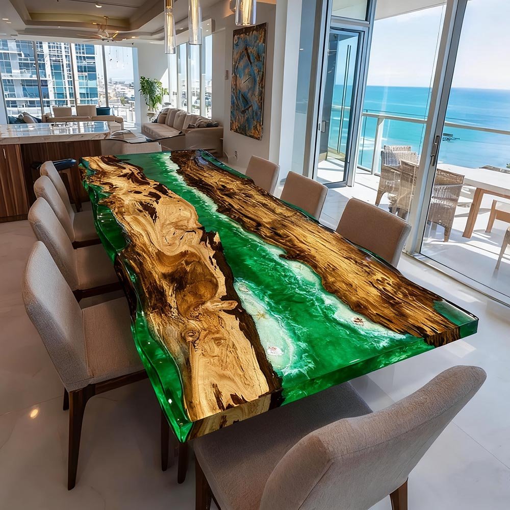 Elite Live - Edge Golden Camphor Wood Dining Table with Emerald Green Resin Inlay ECT - 139 - Elitecustomtable