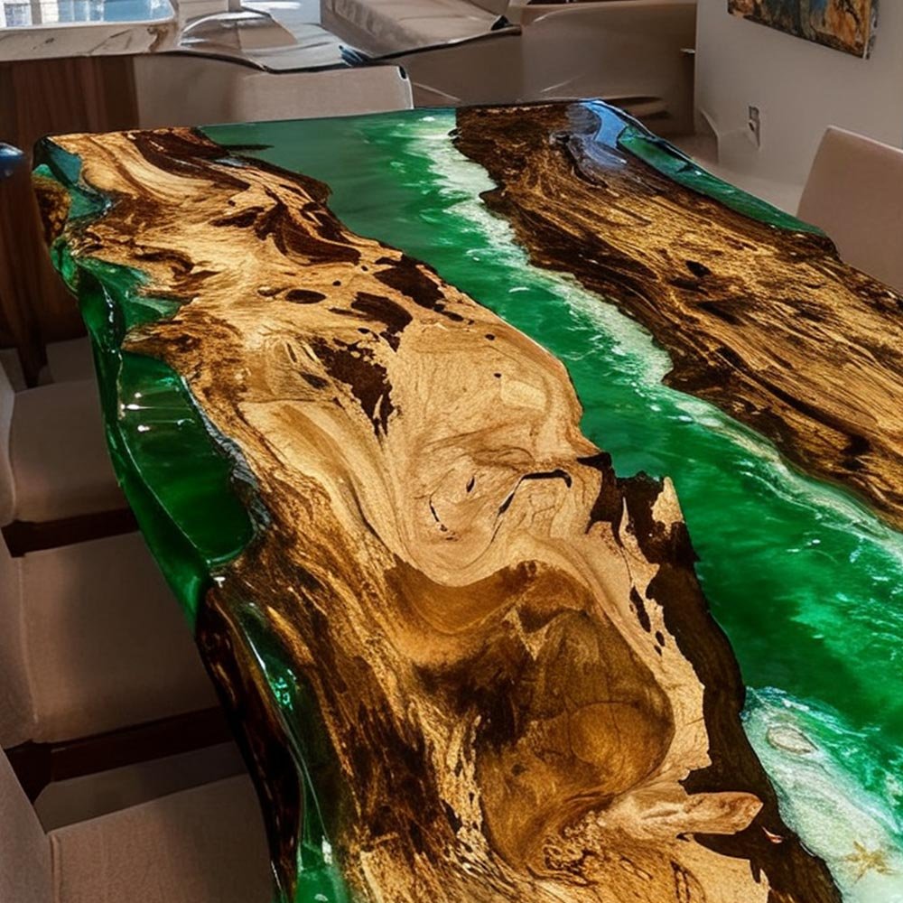 Elite Live - Edge Golden Camphor Wood Dining Table with Emerald Green Resin Inlay ECT - 139 - Elitecustomtable