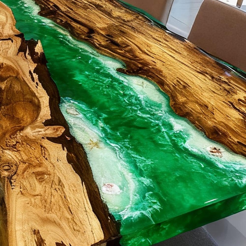 Elite Live - Edge Golden Camphor Wood Dining Table with Emerald Green Resin Inlay ECT - 139 - Elitecustomtable