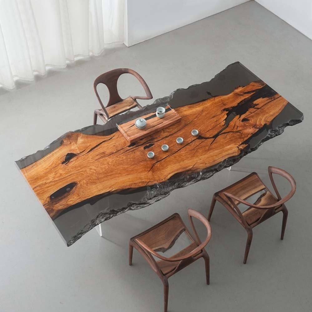 Elite Live - Edge Olive Wood Dining & Office Table with Transparent Black Resin ECT - 228 - Elitecustomtable