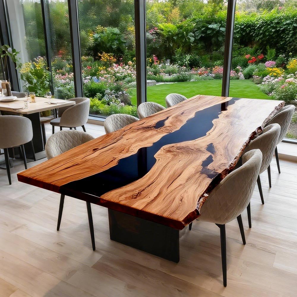 Elite Live - Edge Olive Wood Dining Table with Deep Blue Resin Inlay E ...