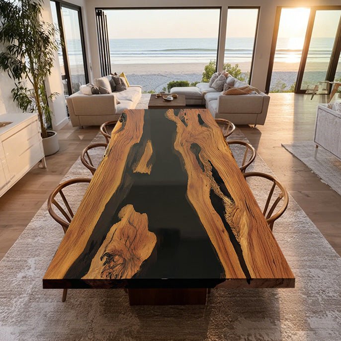 Elite Live - Edge Olive Wood Dining Table with Sleek Black Resin Inlay ...