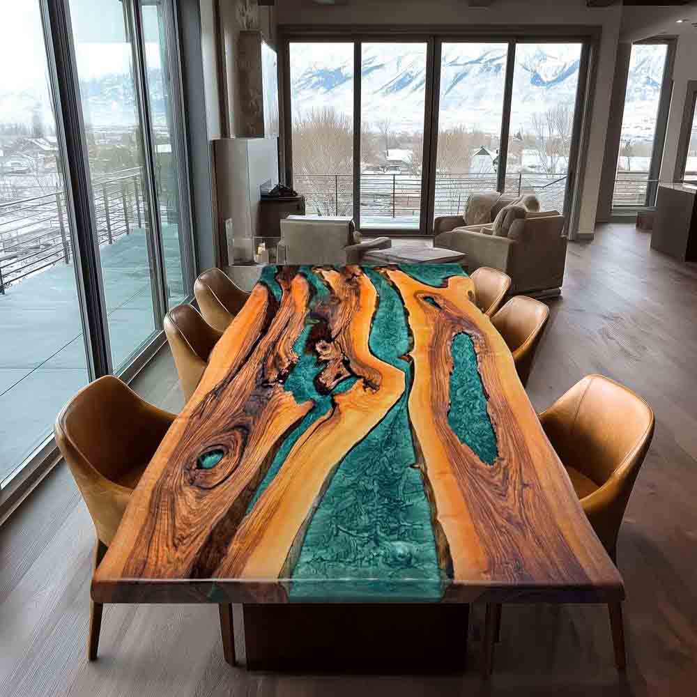 Elite Live - Edge Walnut Wood Dining Table with Green Resin Inlay ECT-220 - Elitecustomtable