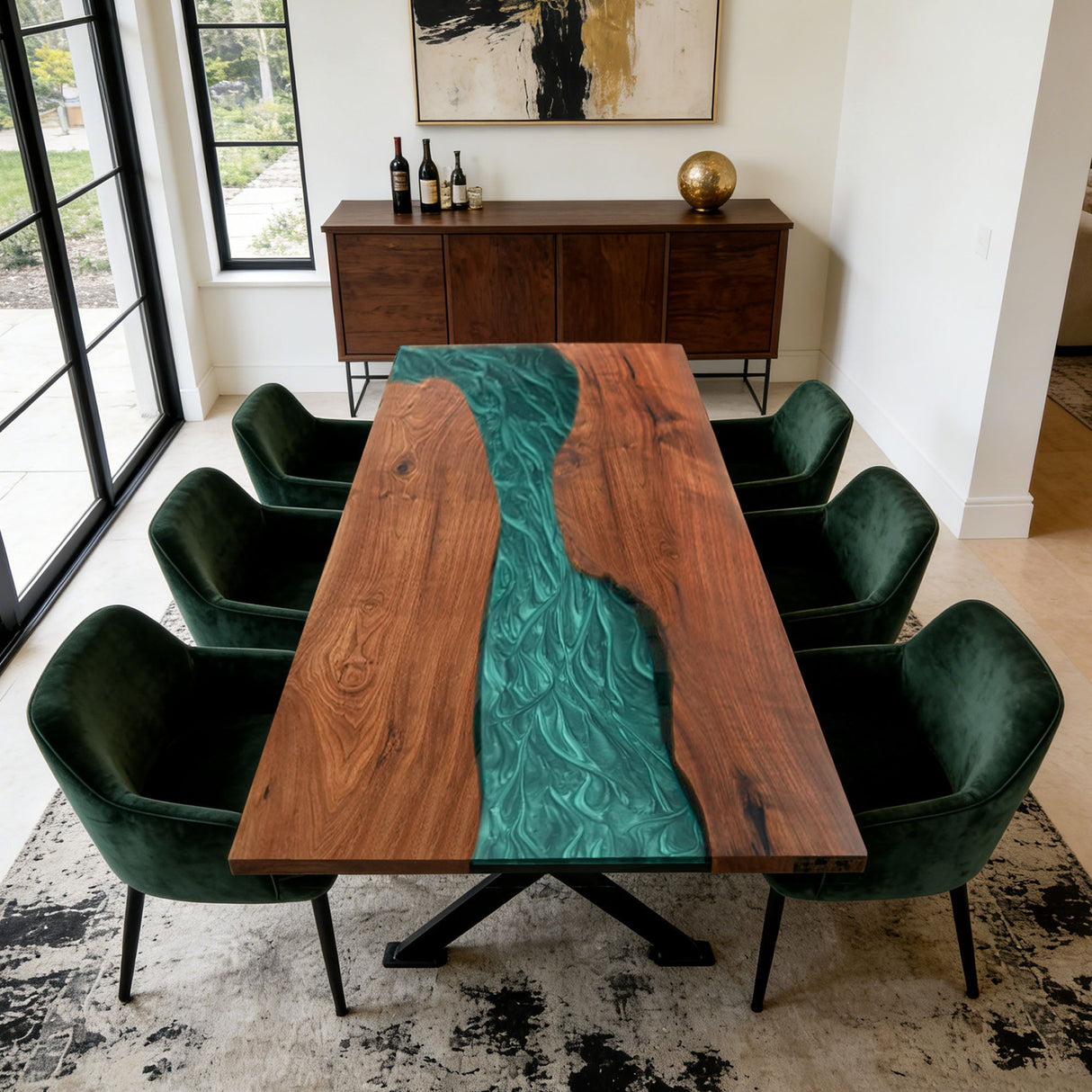 Elite Luxury Walnut Emerald Resin Dining Table – Modern Straight Edge Liquid Green River Table ECT - 280 - Elitecustomtable