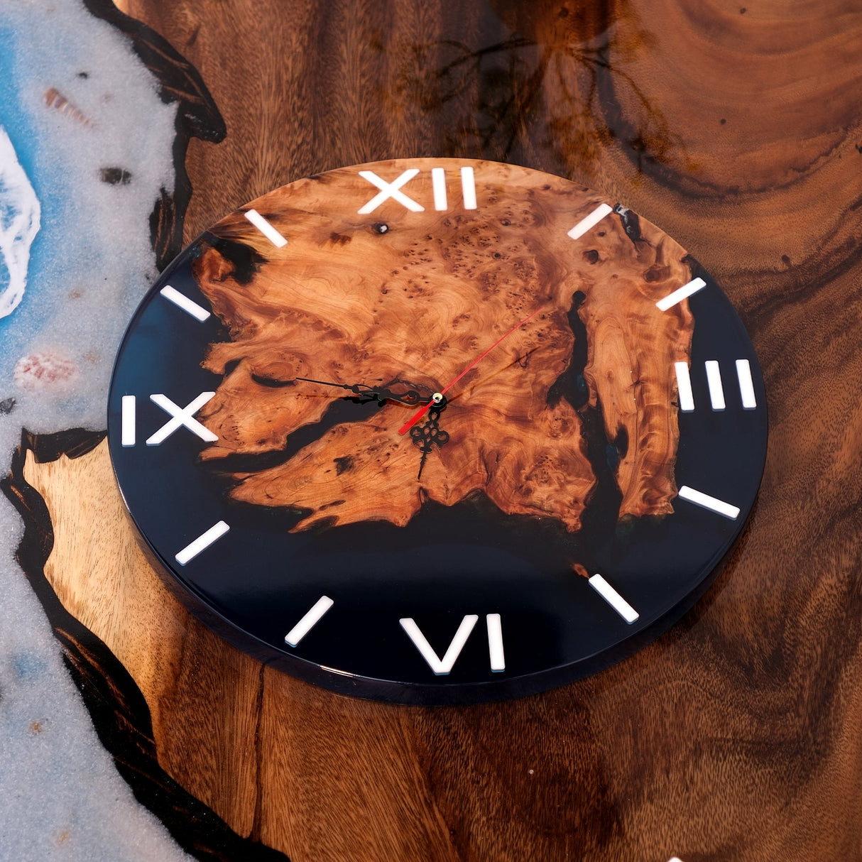 Elite Modern - Rustic Walnut Wall Clock with Blue Epoxy Resin EWC - 11 - 16'' - Elitecustomtable