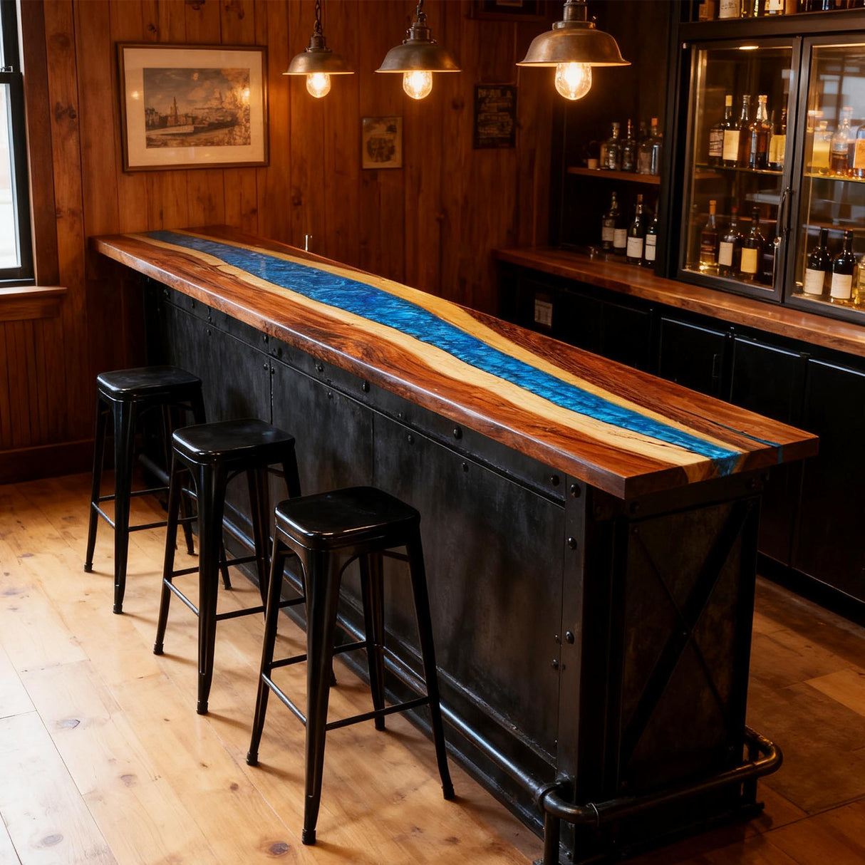 Elite Modern Walnut Counter and Bar Table with Blue Resin Stream ECT - 135 - Elitecustomtable