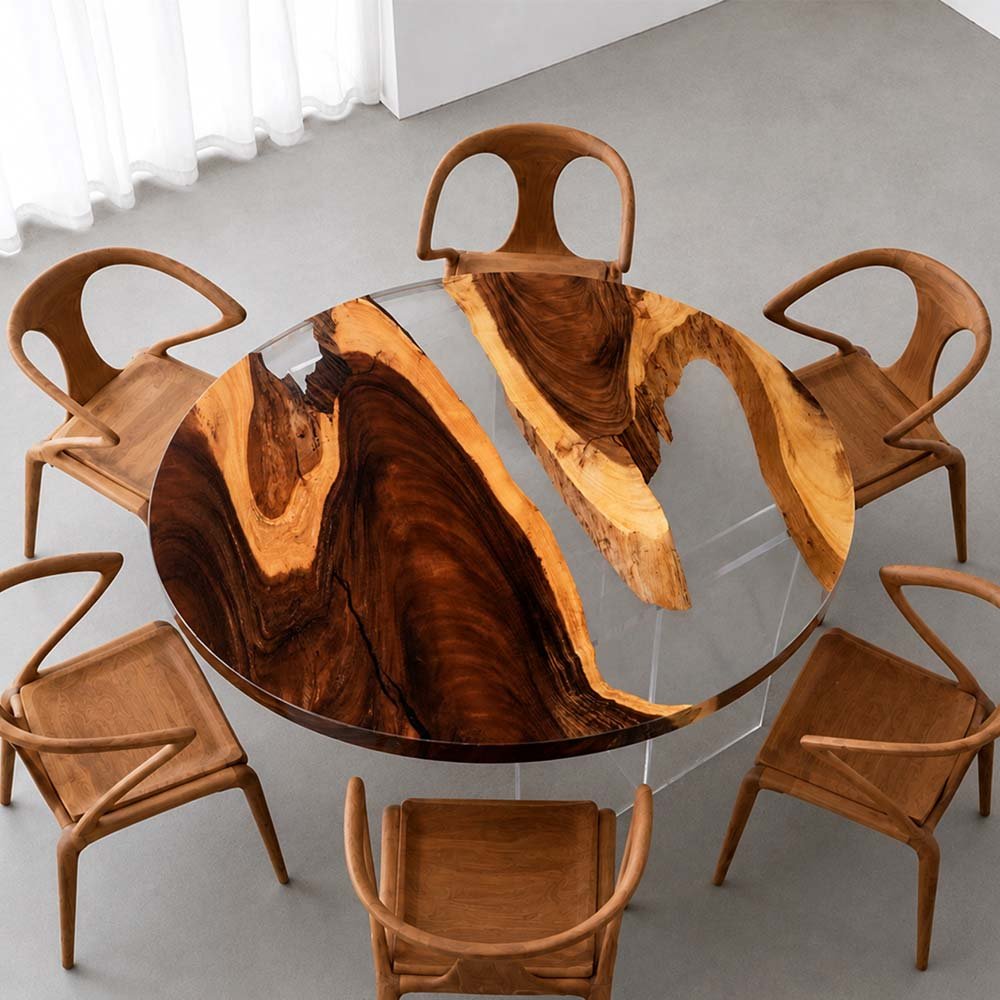 Elite Natural Fragment Design Olive Wood & Clear Epoxy Round Table ECT-132 - Elitecustomtable