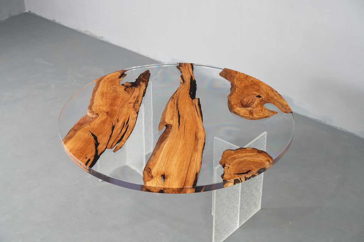 Elite Natural Fragment Design Olive Wood & Clear Epoxy Round Table ECT-132 - Elitecustomtable