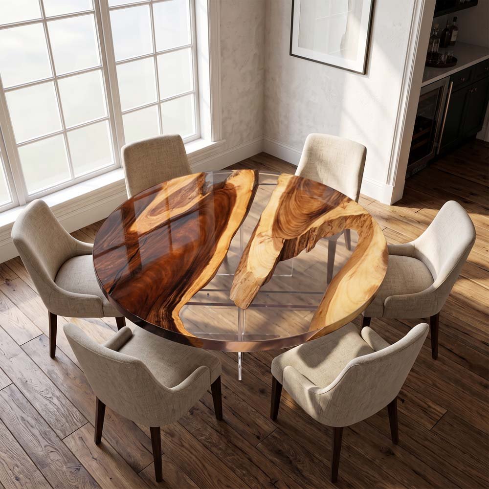 Elite Natural Fragment Design Olive Wood & Clear Epoxy Round Table ECT-132 - Elitecustomtable