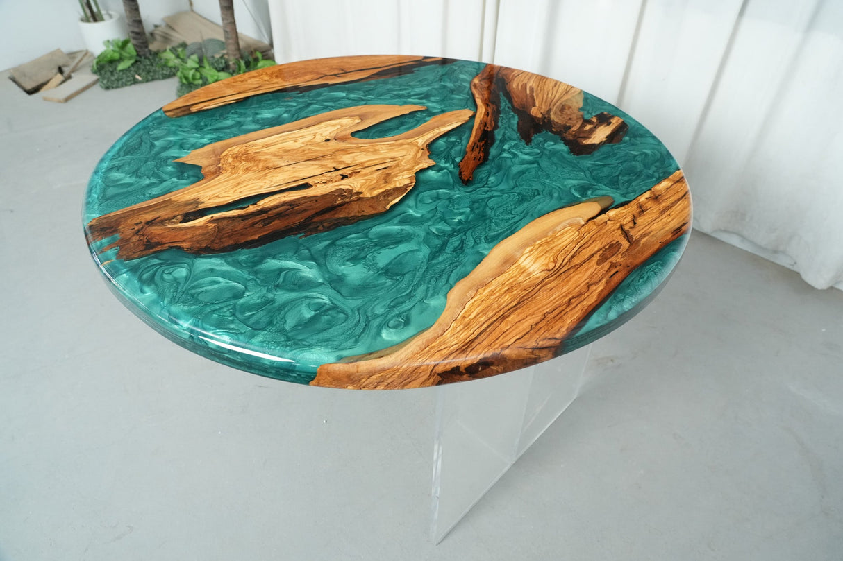 Elite Olive Wood & Emerald - Green Epoxy River Landscape Round Table ECT-44 - Elitecustomtable