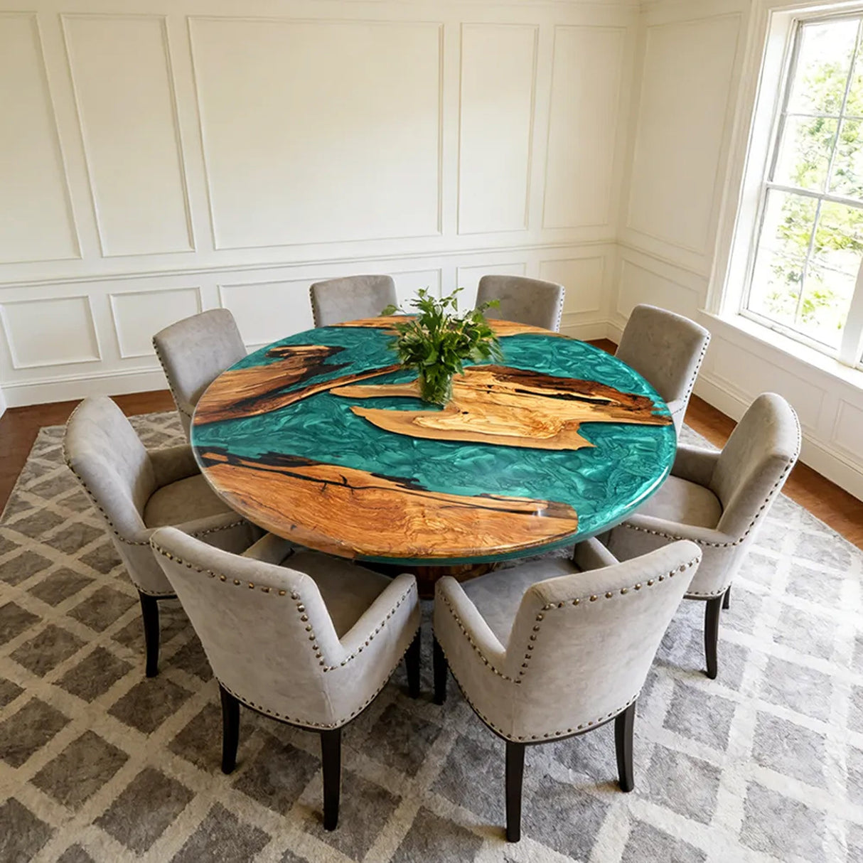 Elite Olive Wood & Emerald - Green Epoxy River Landscape Round Table ECT - 44 - Elitecustomtable