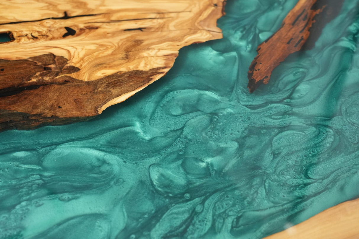 Elite Olive Wood & Emerald - Green Epoxy River Landscape Round Table ECT-44 - Elitecustomtable