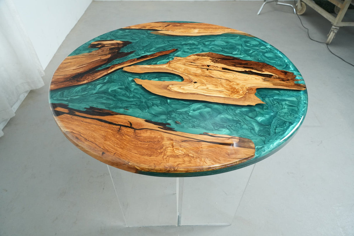 Elite Olive Wood & Emerald - Green Epoxy River Landscape Round Table ECT-44 - Elitecustomtable