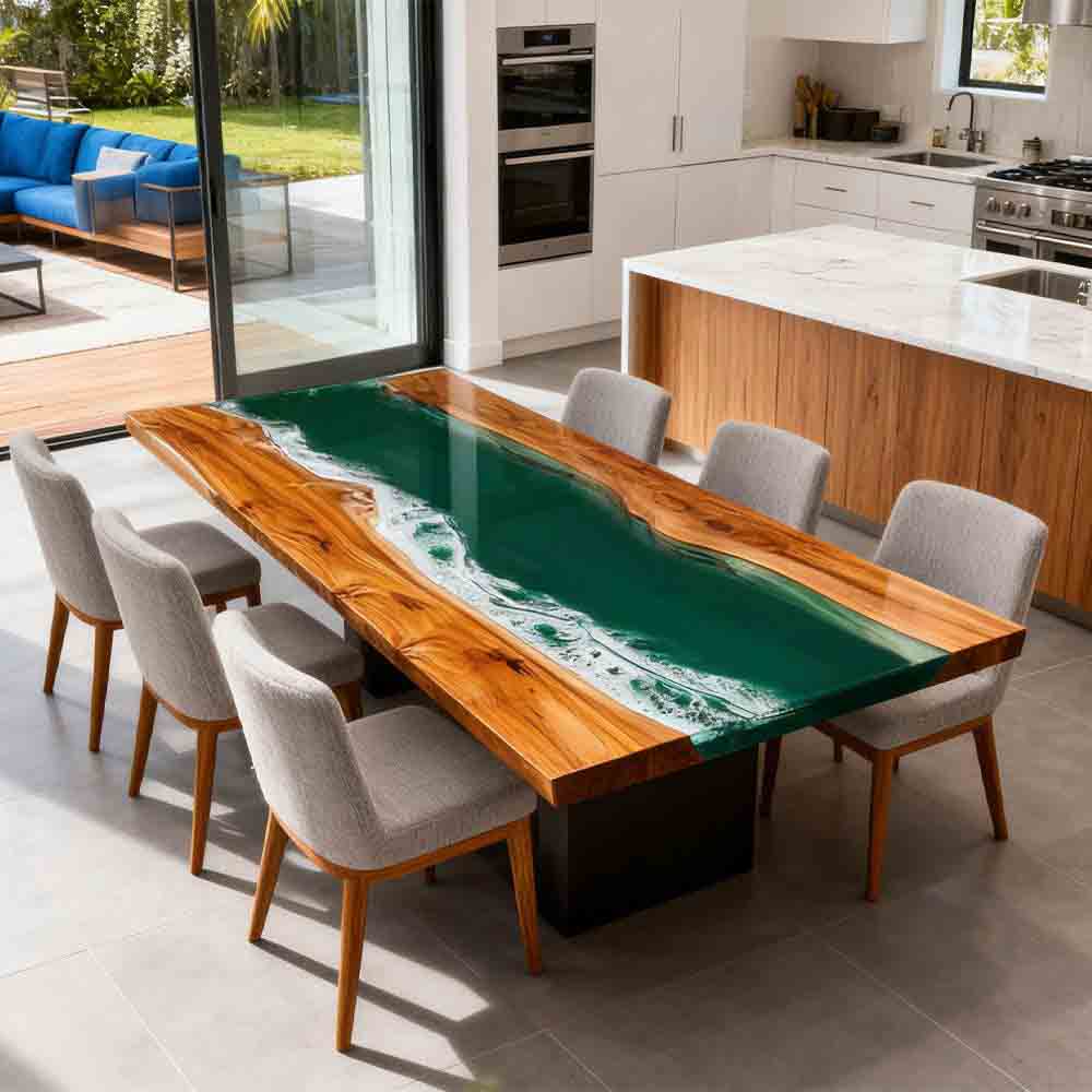 Elite Olive Wood Straight Edge Emerald Green Epoxy Rectangular Dinner Table ECT - 252 - Elitecustomtable