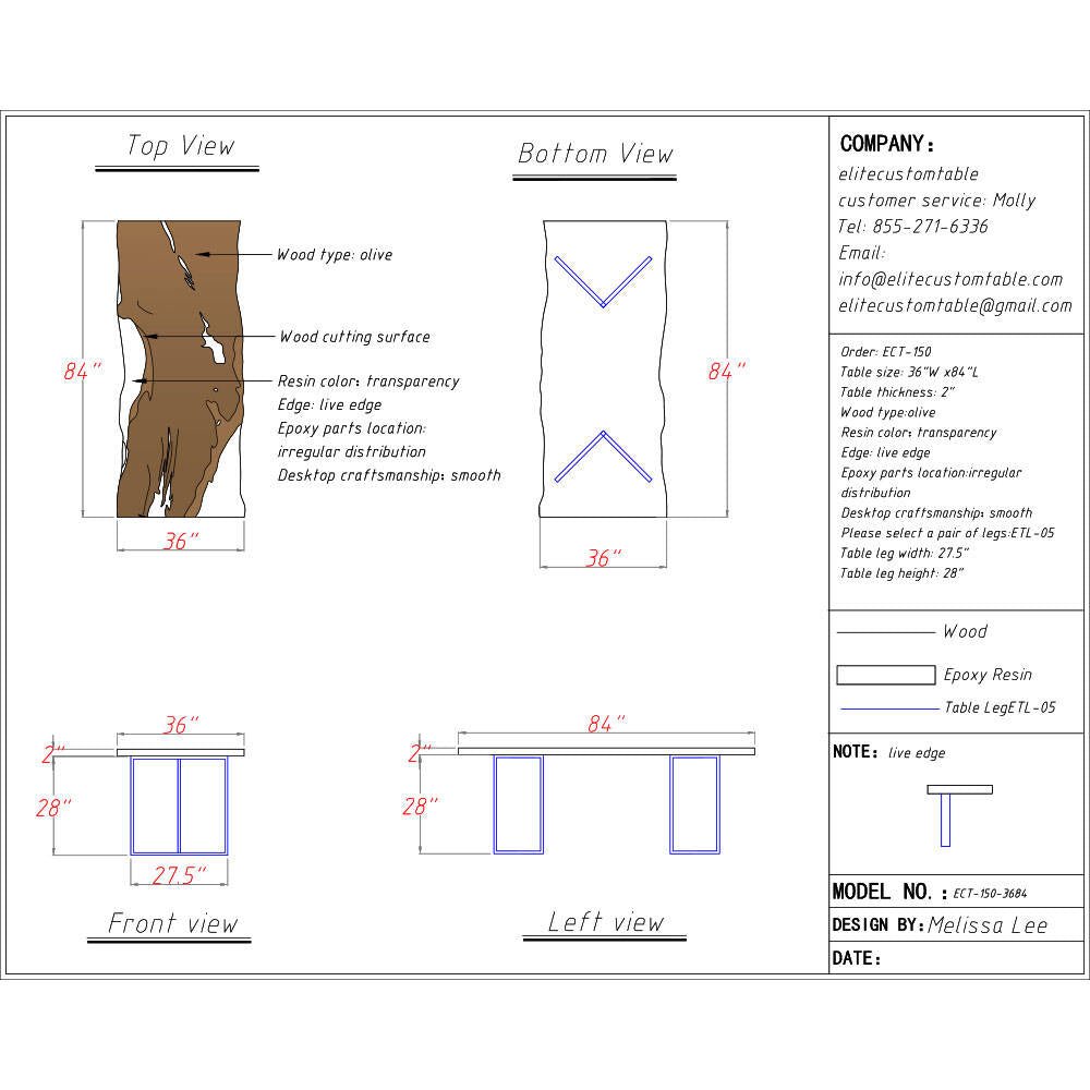 Elite Olive Wood & Transparent Epoxy Resin Live - Edge Dining Table ECT - 150 - Elitecustomtable