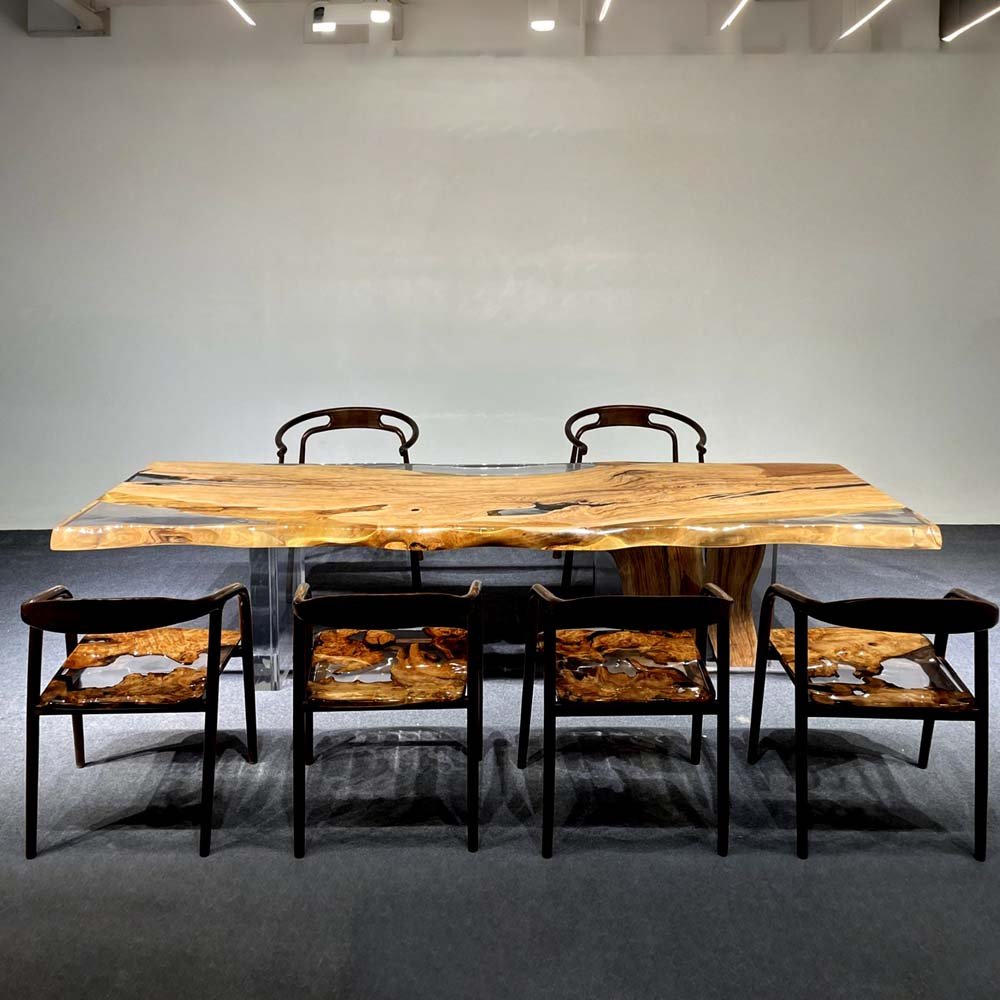 Elite Olive Wood & Transparent Epoxy Resin Live - Edge Dining Table ECT - 150 - Elitecustomtable
