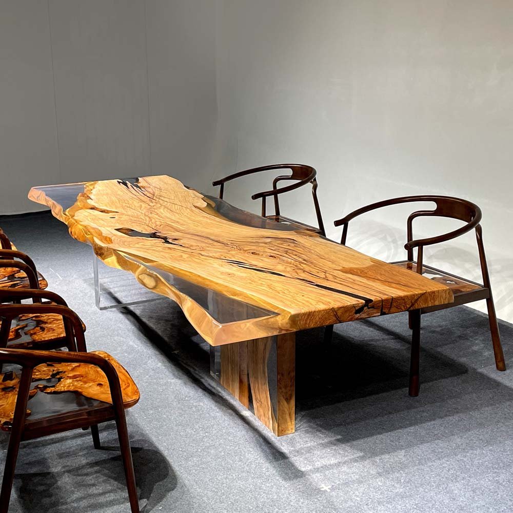 Elite Olive Wood & Transparent Epoxy Resin Live - Edge Dining Table ECT - 150 - Elitecustomtable