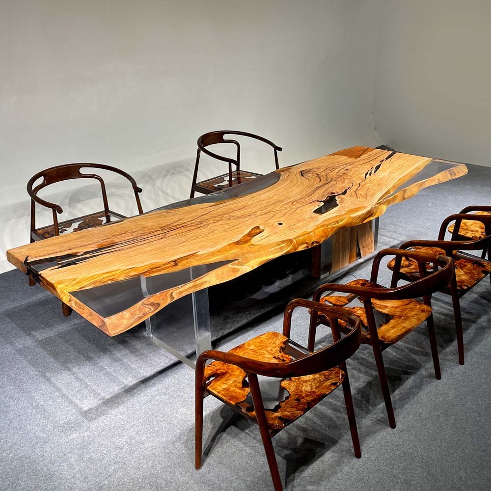 Elite Olive Wood & Transparent Epoxy Resin Live - Edge Dining Table ECT - 150 - Elitecustomtable